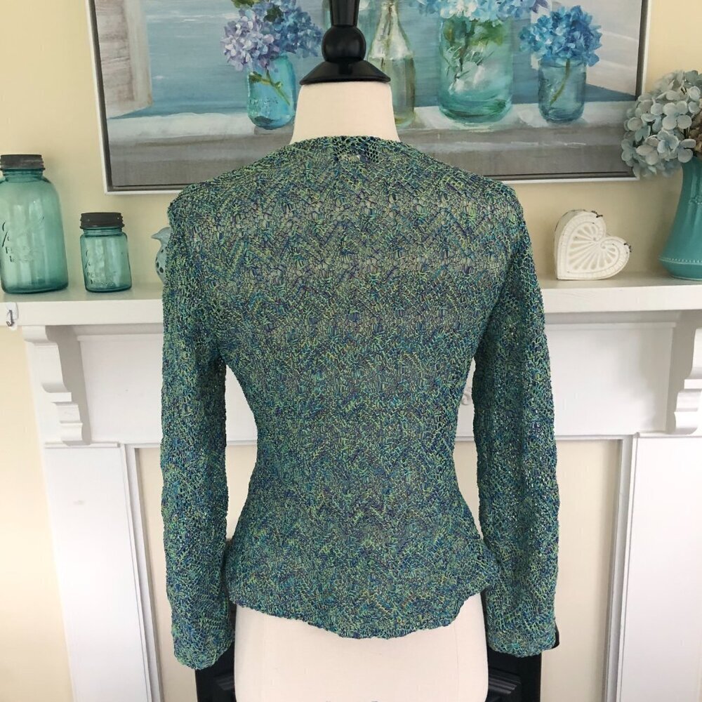 Vintage 90s Gantos Blue Open Knit Cardigan Sweater Medium Artsy Boho - Picture 6 of 14